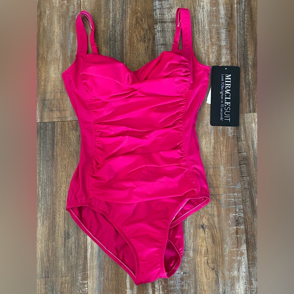 NWT Miraclesuit One Piece Swimsuit Hot Pink Size 10 Shaping Tummy Control